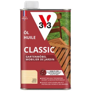 Boîte d'huile pour bois V33 Classic incolore pour meubles de jardin, protège des UV et de l'humidité.