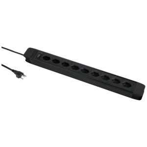 Schwarze Schönenberger Steckdosenleiste mit 9 T13-Steckdosen, horizontal angeordnet, mit 2m Kabel.