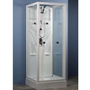 Cabine de douche complète Atlanta 900/900 avec verre de sécurité, douchette et étagères.