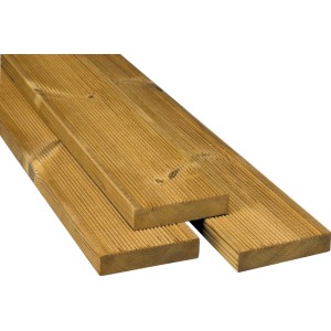 Lames de terrasse en pin thermo-traité, 2,6x11,7x210 cm, pour la construction de terrasses.