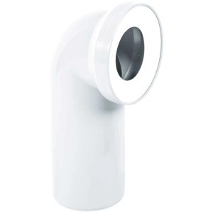 Raccord de WC coudé à 90° blanc en plastique pour relier WC et tuyau d'évacuation.