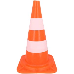 Cono stradale arancione, altezza 50 cm, con strisce riflettenti bianche per la sicurezza esterna.
