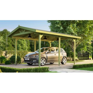 Weka carport singolo 611 con tetto a due falde e auto. Struttura in legno con pali robusti. Ideale per auto, moto o biciclette.