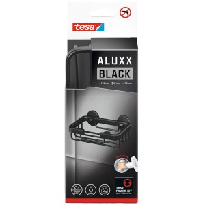 Verpackung des Tesa Aluxx Seifenkorbs in Schwarz Matt mit Klebelösung.