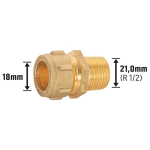 Nipplo di transizione a vite in ottone, 31 mm, per raccordi a compressione, con filettatura maschio.