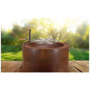 Brasero Nouvel Rondella en acier aspect rouille avec grille, idéal pour jardin et terrasse.