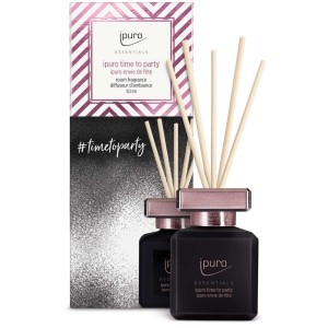 Ipuro parfum d'ambiance Essentials Time for Party, 50 ml, avec bâtonnets dans un flacon élégant.