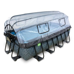 Piscine rectangulaire Exit Stone Grey avec couverture et pompe de filtration, cadre en acier.