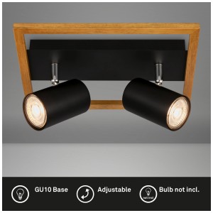 Plafonnier Briloner, 2 spots, noir avec cadre en bois, douille GU10.