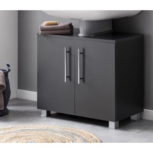 Meuble sous-vasque Badmobil, anthracite, 60 cm de large, avec deux portes et poignées argentées.