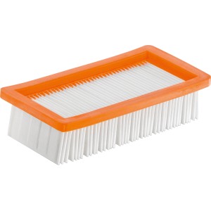 Filtre plissé plat Kärcher pour aspirateur de cendres, rectangulaire, avec cadre orange et lamelles filtrantes blanches.