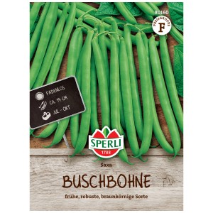 Sperli Semi di fagiolino nano Saxa: confezione con fagiolini verdi senza filo.