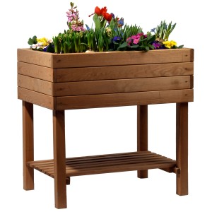 Aiuola rialzata in legno color ambra con fiori e ripiano, 80x80x58 cm.