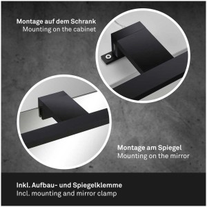 Options de montage de la lampe miroir LED noire Brilo Dun : Montage sur armoire et miroir avec pince.