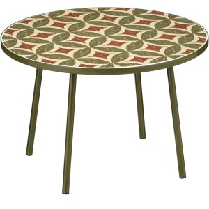 Runder Mica Beistelltisch Bologna aus dunkelgrünem Eisen. Florales Muster in Grün, Rotbraun, Creme auf der Tischplatte.
