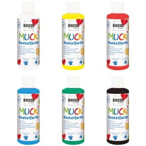 Set de 6 peintures pour enfants Kreul Mucki, 80 ml chacune en blanc, jaune, rouge, bleu, vert et noir.