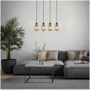 Suspension Briloner avec 4 lampes en verre fumé noir et bois, max. 10W, dans un salon.