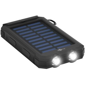 Power bank solare da esterno nera con 8000 mAh, pannello solare e due luci LED.