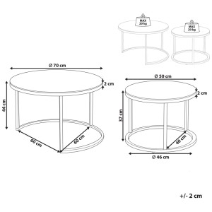 Set 2 tavolini da salotto Beliani Grange, vetro di sicurezza, oro, con dimensioni.