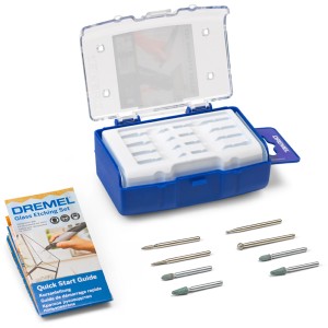 Dremel Set incisione vetro 682, 8 pezzi, con frese e istruzioni in scatola blu.