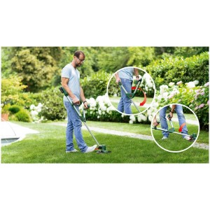 Tagliabordi a batteria Bosch UniversalGrassCut 18V-26 in uso, con dettagli della regolazione dell'impugnatura.