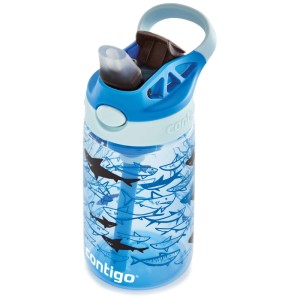 Borraccia Contigo blu con squali, 420 ml, con cannuccia e manico.