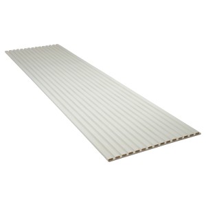 Panneau acoustique blanc avec des lamelles MDF recouvertes de feutre pour le revêtement mural, longueur 240 cm.