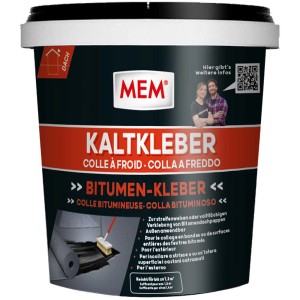 Barattolo di MEM Kaltkleber Profi, senza solventi, 0,8 kg, per membrane bituminose.