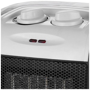 Dettaglio del termoventilatore bianco Emerio PTC 1800W con manopole e griglia.