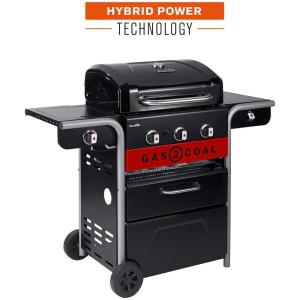 Char-Broil Gas2Coal 2.0 330 barbecue hybride avec 3 brûleurs, barbecue à gaz et charbon noir.