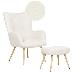 Beliani Ohrensessel Vejle mit Fußstütze, Bouclé weiß. Polsterstuhl Set mit Holzbeinen.