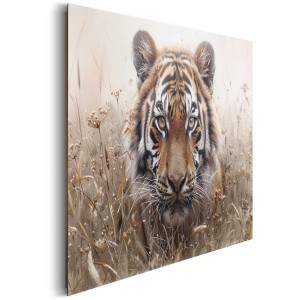 Reinders Deco Panel: Detailaufnahme eines Tigers im hohen Gras, Blick nach vorne, auf MDF-Platte, 60x90 cm.