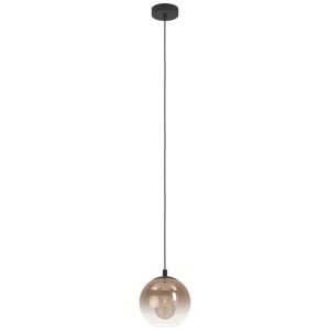 Moderna lampada a sospensione Eglo Ariscani con paralume in vetro color rame e acciaio nero, regolabile in altezza.