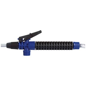 Gros plan de la tête de pulvérisation du pulvérisateur à pression LUX Classic 3 l avec poignée bleue et buse noire.