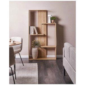 Bibliothèque Beliani Kahntah, marron, scandinave. Étagère moderne aspect bois avec compartiments asymétriques, décorée au salon.