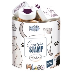 Aladine Stempel-Set Katzen, 16-teilig mit Motiven von Katzen, Pfoten und Fischgräten.