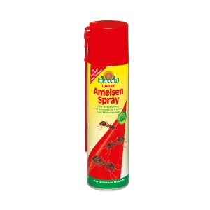 Neudorff Loxiran Spray anti-fourmis, bombe de 200ml avec couvercle rouge et motif fourmis.
