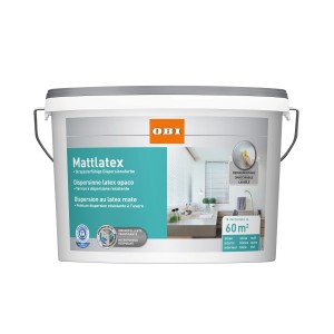Eimer OBI Mattlatex, matte Latexfarbe in Weiß, 10 Liter für strapazierfähige Wände.