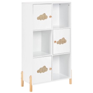 Bibliothèque enfant blanche Beliani Cloudy à 6 compartiments, 3 avec portes motif nuage. Corps MDF, pieds pin.
