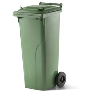 Contenitore Ochsner in plastica verde da 140 l con ruote per materiali riciclabili.