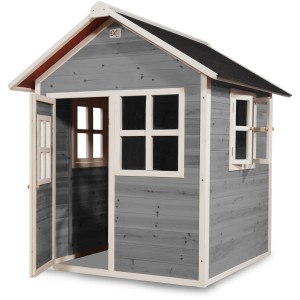Maisonnette en bois grise EXIT Loft 100 avec porte et fenêtre ouvertes.
