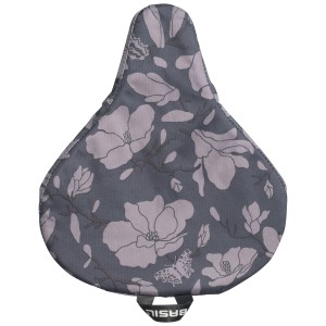 Housse de selle Basil avec motif floral magnolia gris pour selle de vélo.
