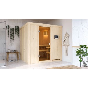 Sauna Woodfeeling Tromsö con porta in vetro bronzato e stufa da 9 kW in bagno moderno.