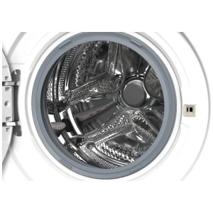 Lavatrice Sharp ES-NFA014BW1NA-CH bianca aperta con cestello in acciaio inox. Caricamento frontale.
