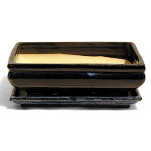 Pot à bonsaï rectangulaire avec soucoupe, env. 25 cm de diamètre, en matériau robuste.