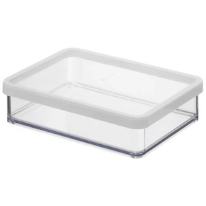 Contenitore per alimenti Rotho Loft piatto e trasparente, 1 litro, con coperchio bianco.