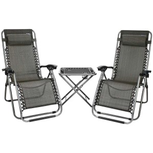 Set relax 3 pezzi nero-grigio: 2 lettini prendisole con poggiatesta e 1 tavolo con portabevande.