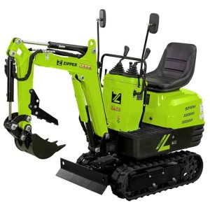 Mini-pelle Zipper ZI-MBGS600 essence, engin de chantier vert avec accessoires.