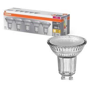 Lampada LED riflettente Osram PAR16 GU10, bianco caldo, confezione da 5. Lampadina LED per illuminazione a risparmio energetico.