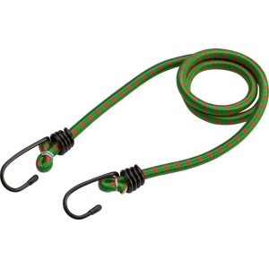 Corda elastica con ganci, 100 cm. Cinghia per bagagli verde con pois rossi.